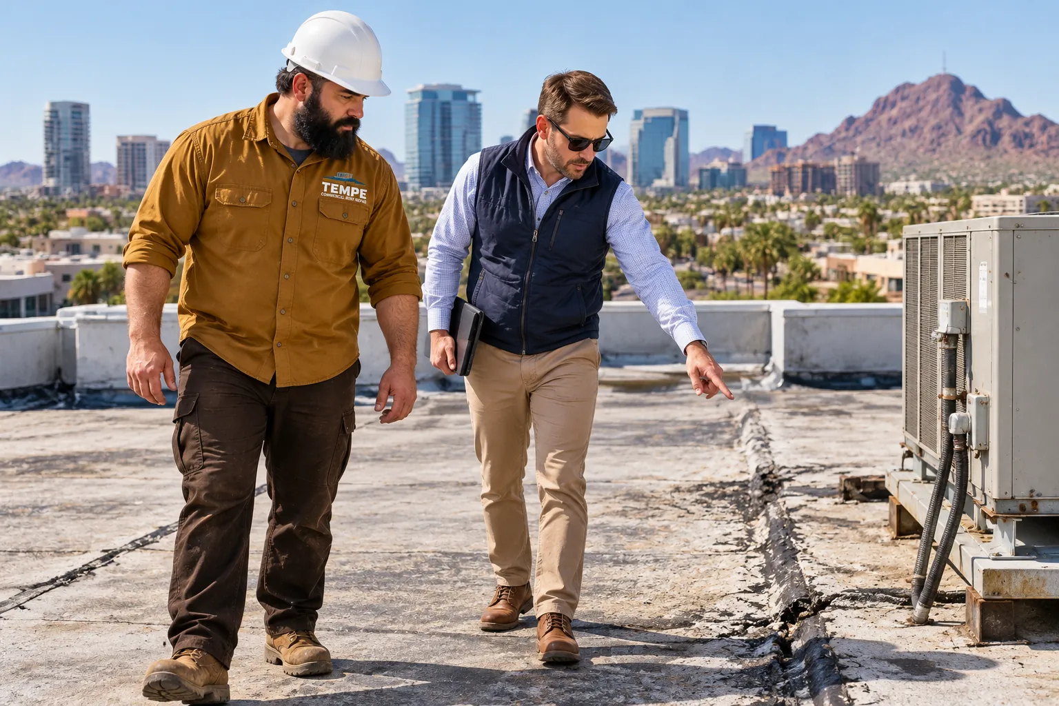 Roofer and building owner inspecting a split seam on an aged flat roof in Tempe, AZ