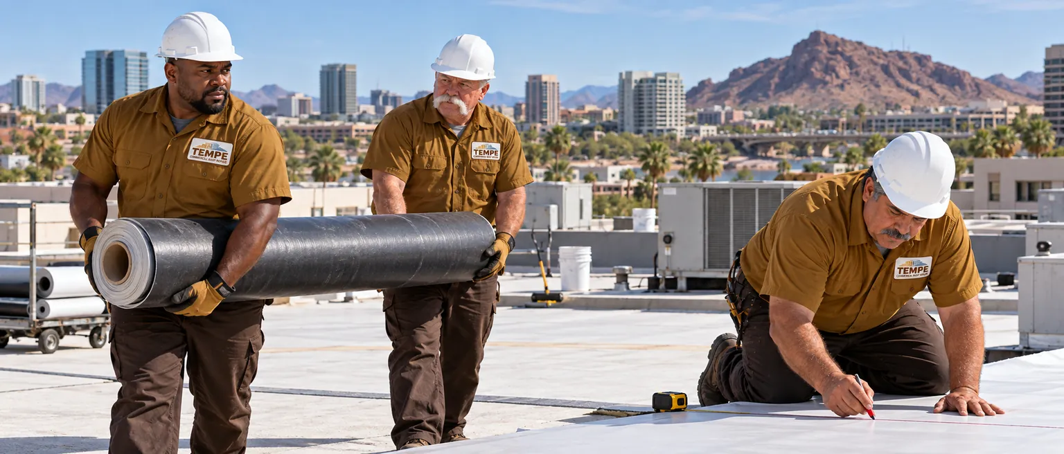 Roofers carrying a roll of new membrane across a Tempe flat roof