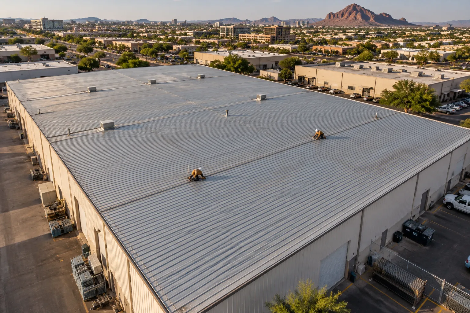 Ribbed metal panel roof on a Tempe warehouse