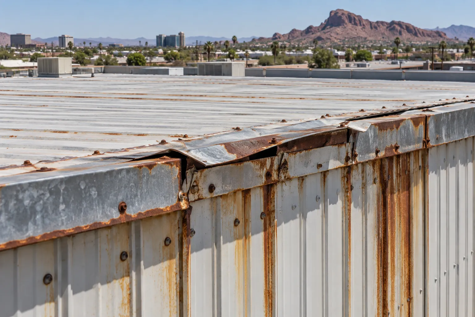 Rust bloom along an end lap and fastener heads on a metal roof