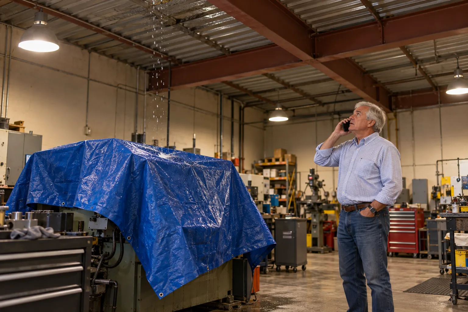 Shop manager on the phone beside a tarp over machinery under a roof leak