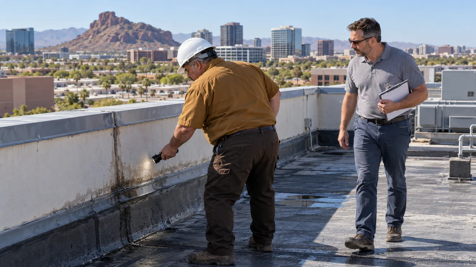 Roofer shining a light on a wet streak below a parapet cap