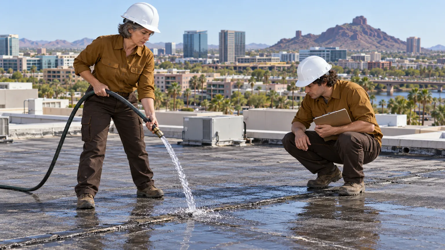 Roofer water-testing one section of a flat roof while a second logs the result
