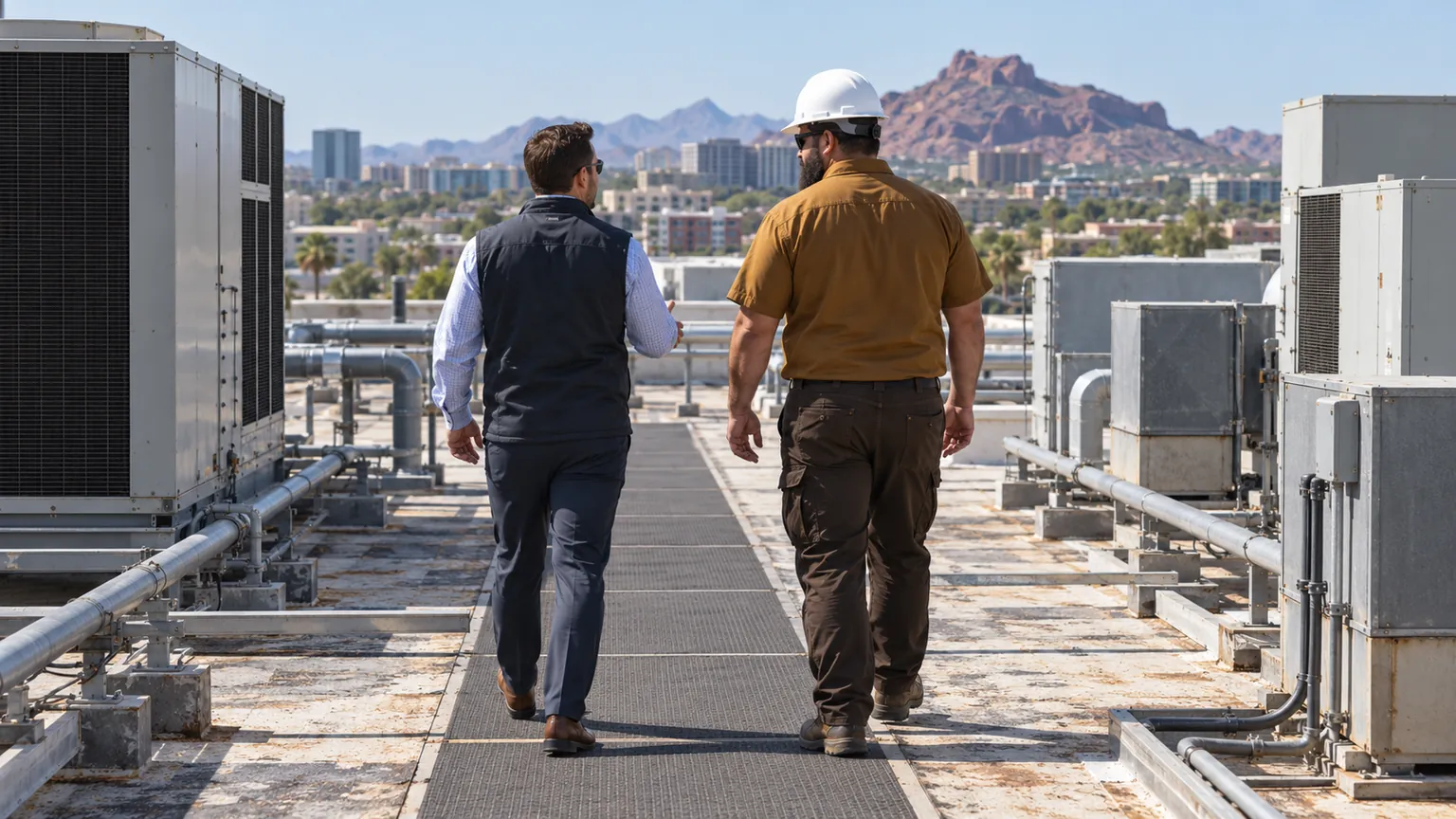 Roofer and plant manager walking a rooftop walkway between units