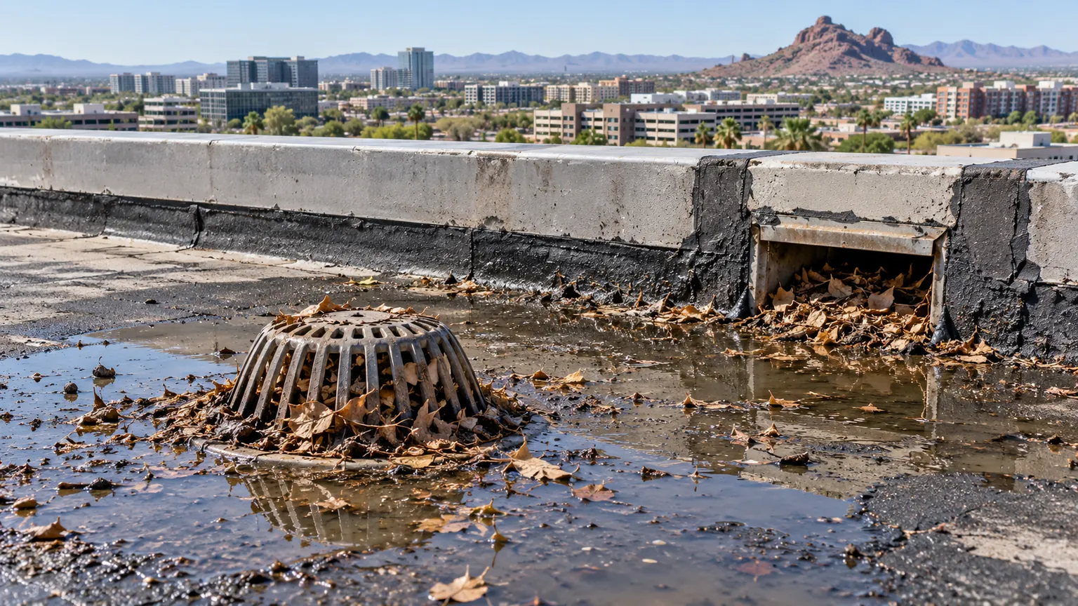 Roof drain and scupper packed with debris beside standing water on a flat roof